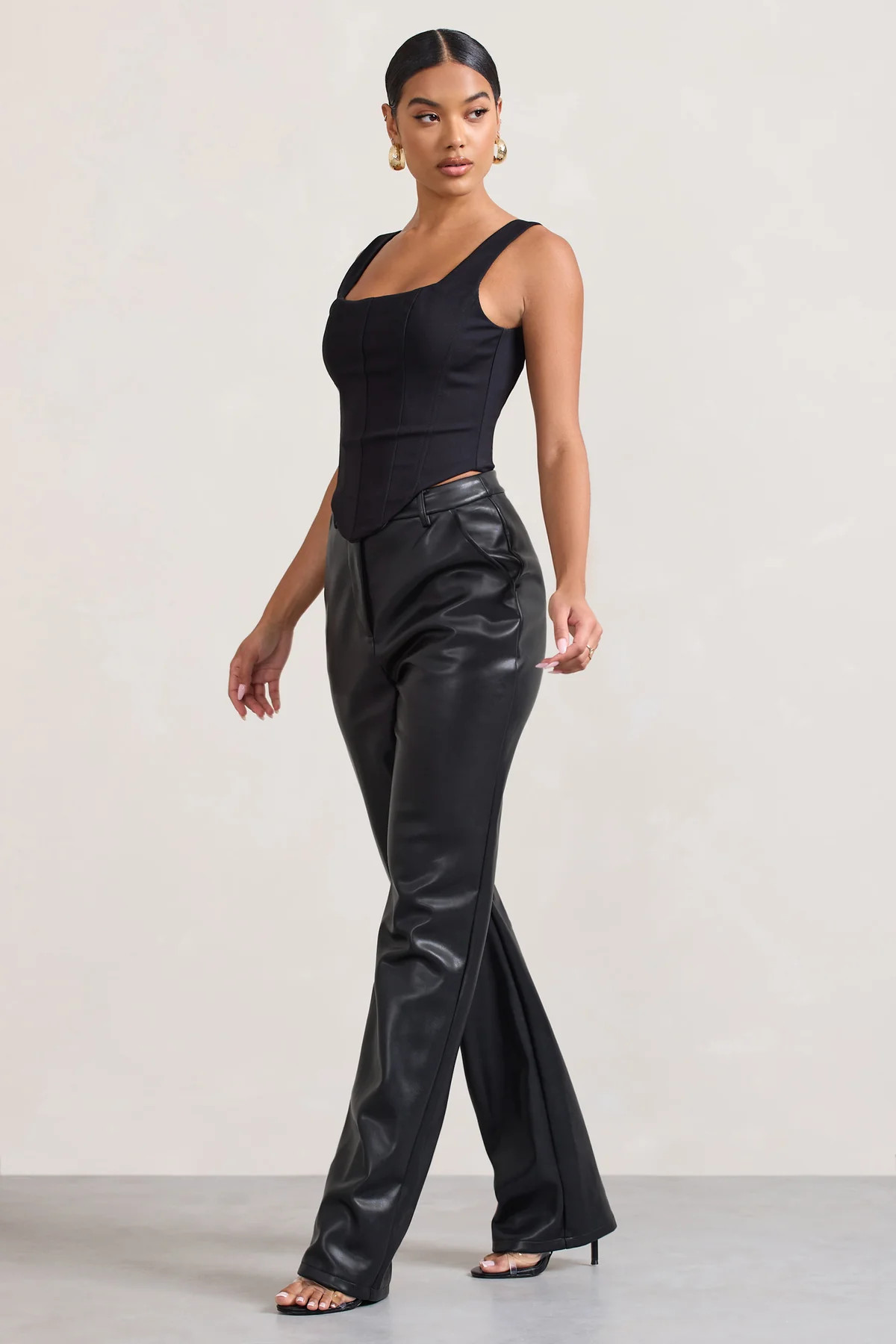 Billie | Black Faux Leather Tailored Straight-Leg Trousers | Club L London