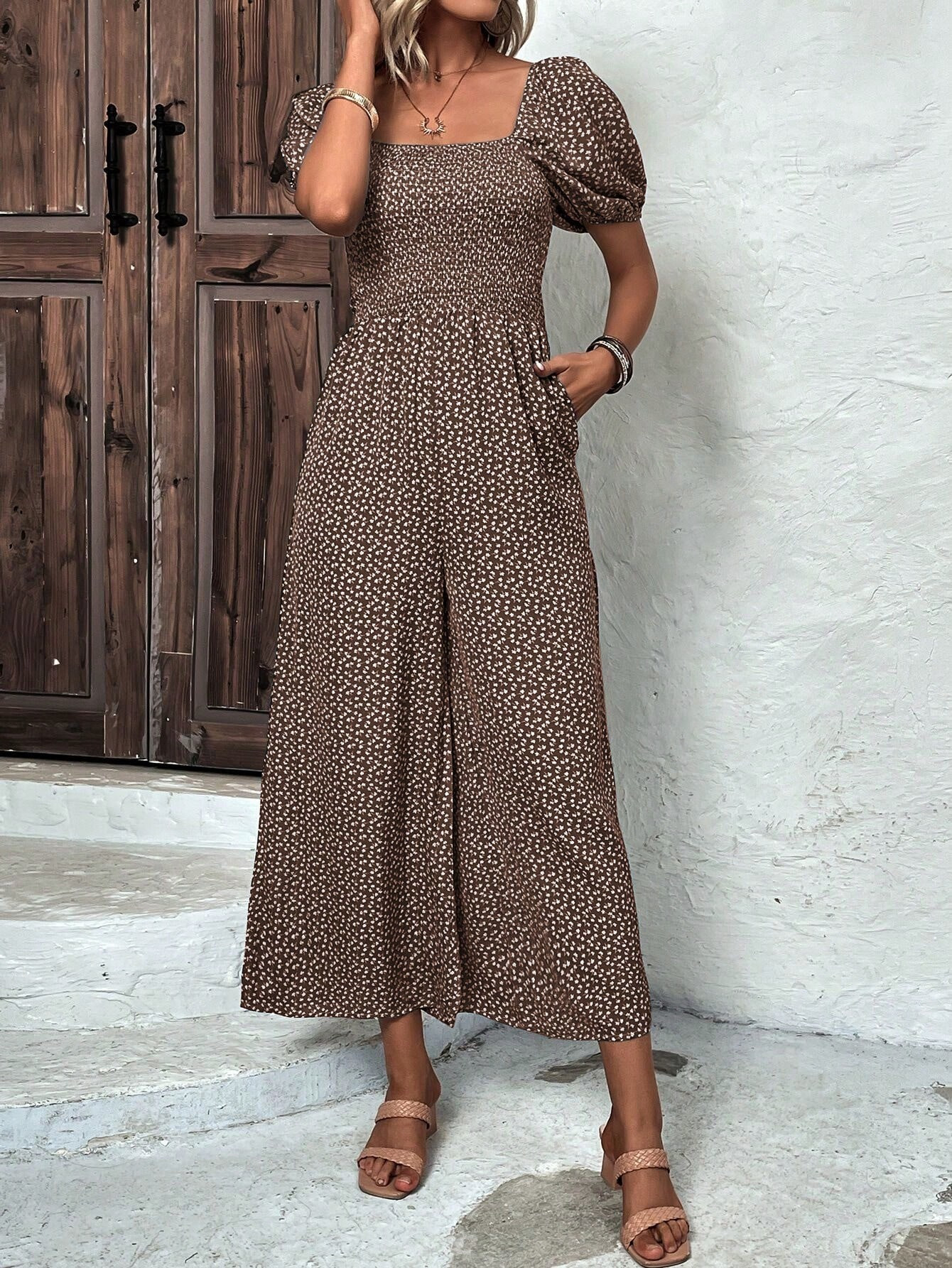 SHEIN LUNE Ditsy Floral Print Square Neck Puff Sleeve Wide Leg Jumpsuit | SHEIN