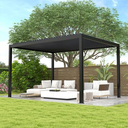 10'x13' Louvered Pergola, Outdoor Aluminum Pergola with Louvered Roof, Adjustable Louvered Pergola with Retractable Roof and Hidden Gutter System for Patio, Yard, Deck and Garden (Black) | Amazon (US)