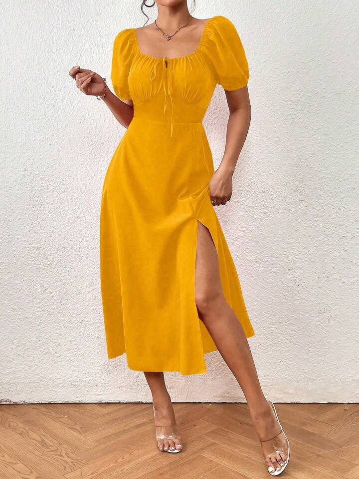 SHEIN Privé Women's Summer Solid Color Sweetheart Neckline Pleated Front Tie Short Puff Sleeve D... | SHEIN