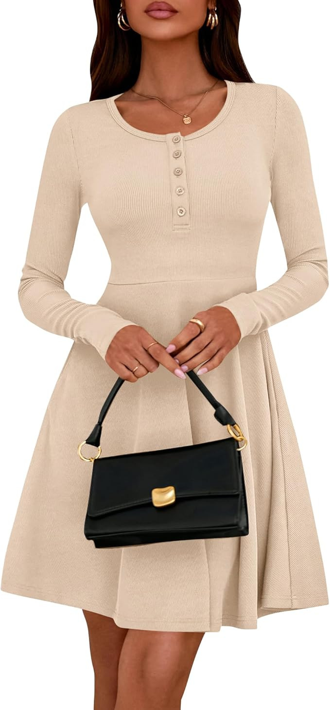 BTFBM Casual Fall Dresses for Women 2025 Long Sleeve Ribbed Button Down Empire Waist A Line Winte... | Amazon (US)