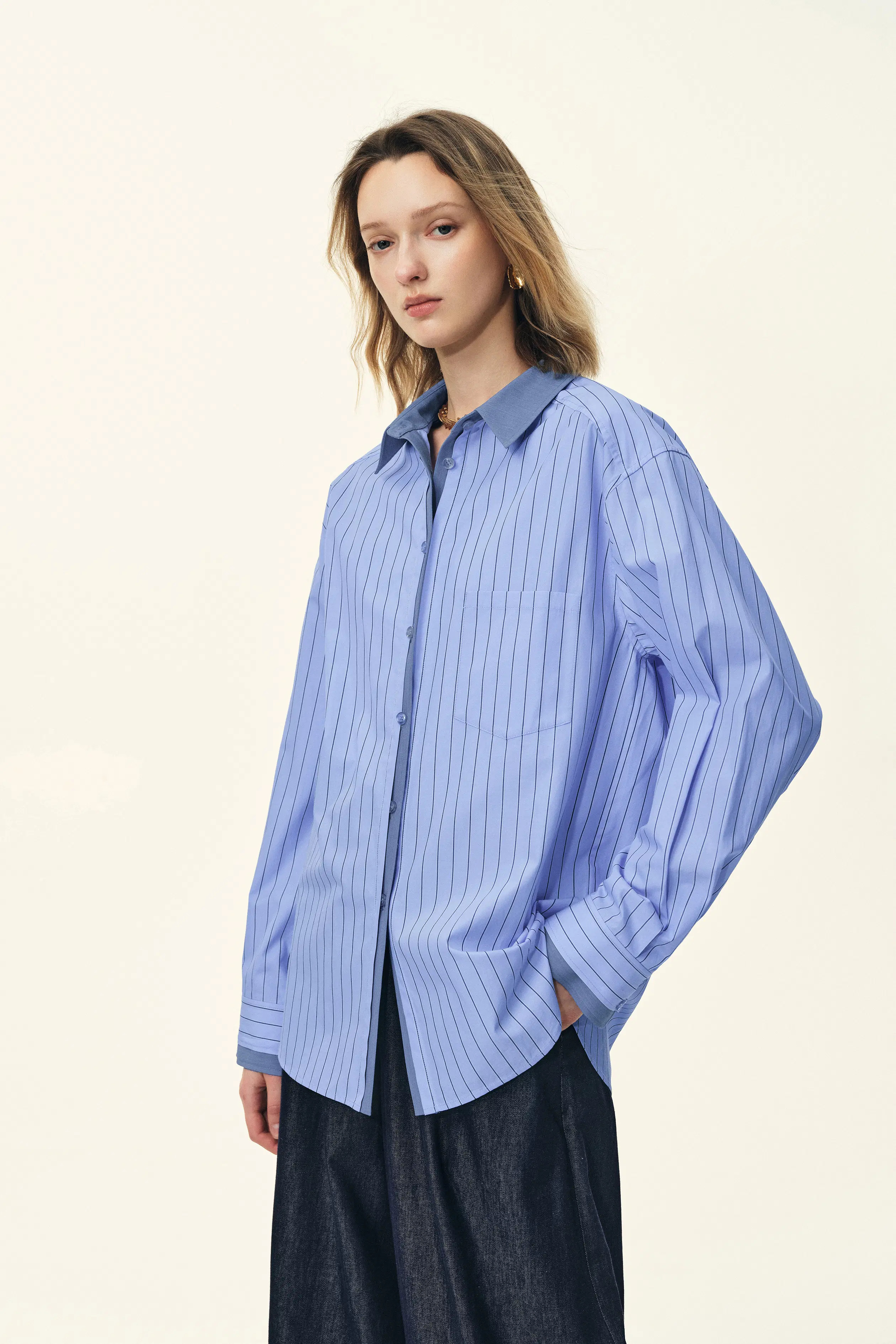 Blair Contrast Collar Striped Denim Patchwork Shirt in Cotton poplin | Fabrique