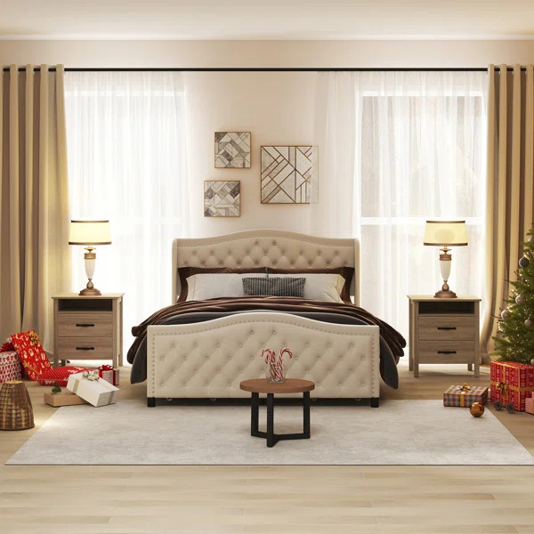 Laquia 3-Piece Classic Elegant Bedroom Sets With Velvet Bed And Two Functional Nightstands | Wayfair North America