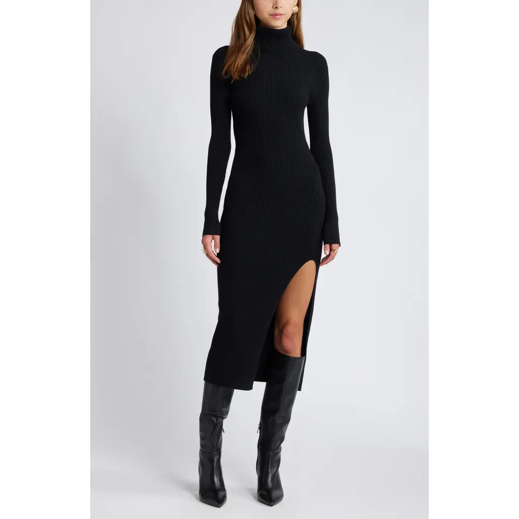 Open Edit Rib Long Sleeve Turtleneck Sweater Dress in Black at Nordstrom, Size Small | Nordstrom