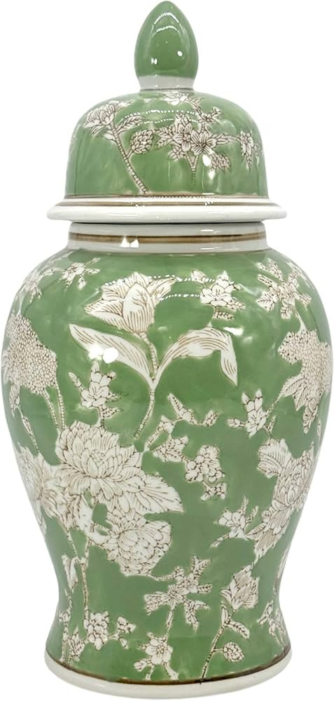 Galt International 14" Green & White Floral Ceramic Porcelain Ginger Jar Floral Home Décor Jar U... | Amazon (US)