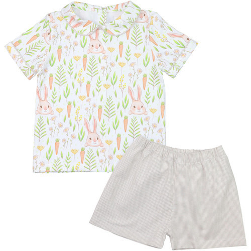 Khaki Gingham Bunny And Carrot Print Short Set  - Shipping Early March | Cecil and Lou