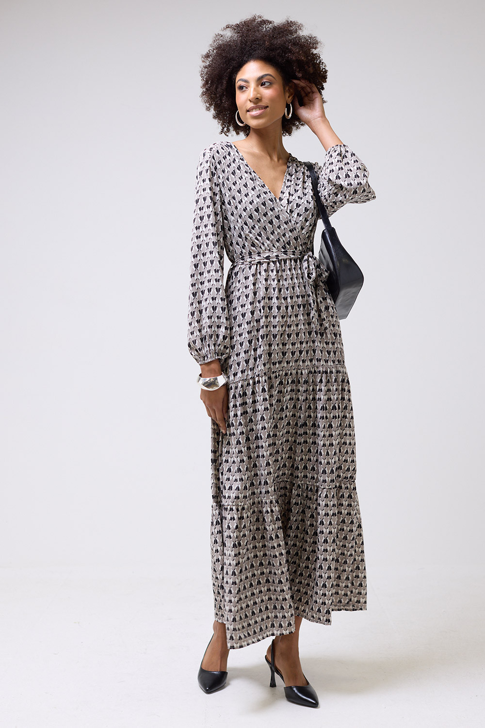 Zelia Faux Wrap Long Sleeve Abstract Print Maxi Dress in Grey | iCLOTHING