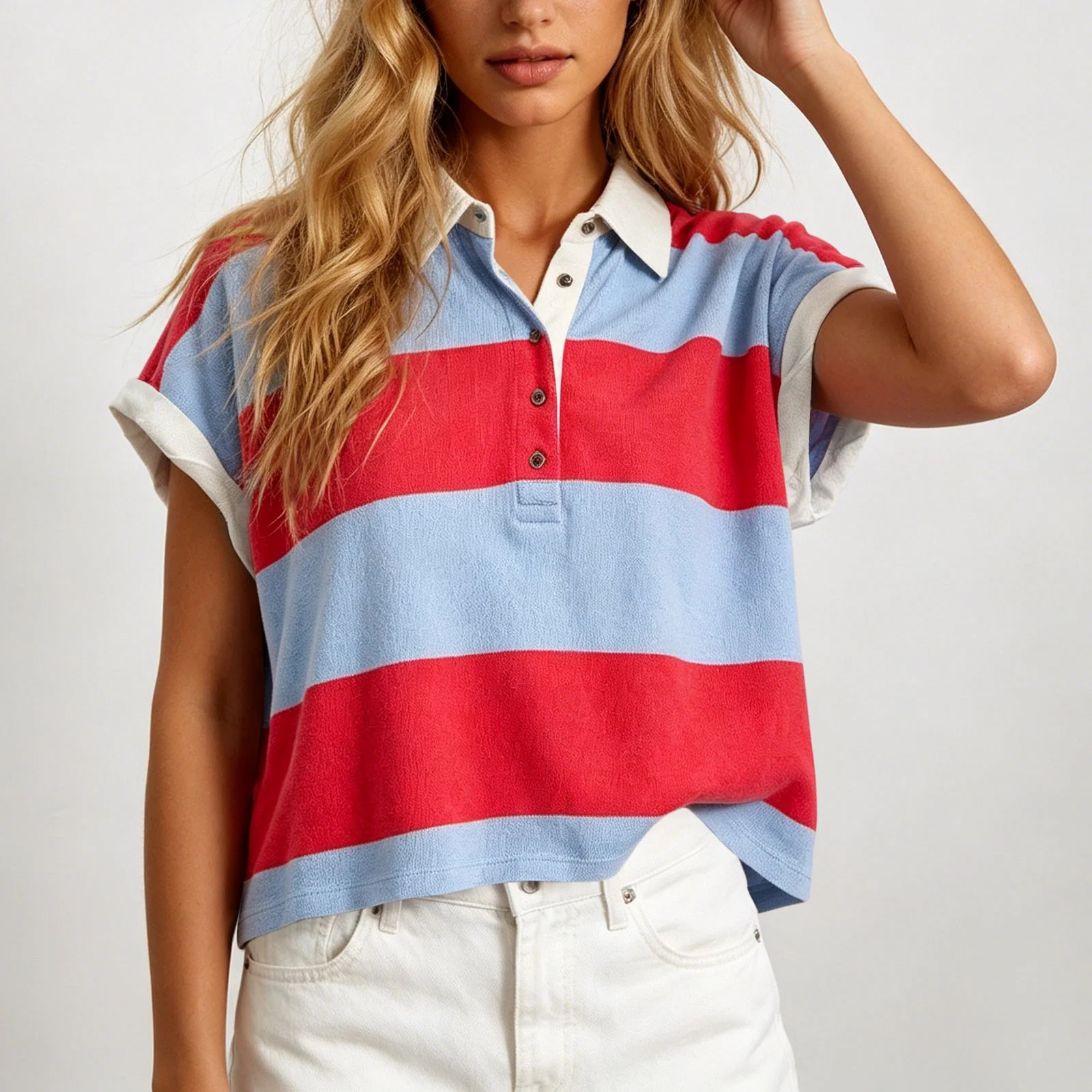 LEKWK Going Out Tops for Women Short Sleeve V Neck Casual Striped Shirts Lightweight Loose Fit Collared Cropped Tee Tops Summer Fashion Daily Outfits - Walmart.com | Walmart (US)