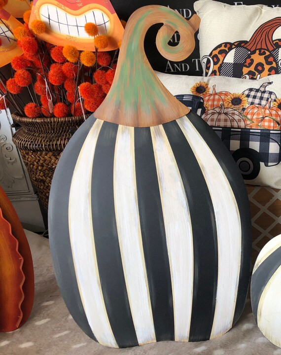 Fall/Halloween: Large Tall Black & White Striped Pumpkin Metal Stake | Etsy (US)