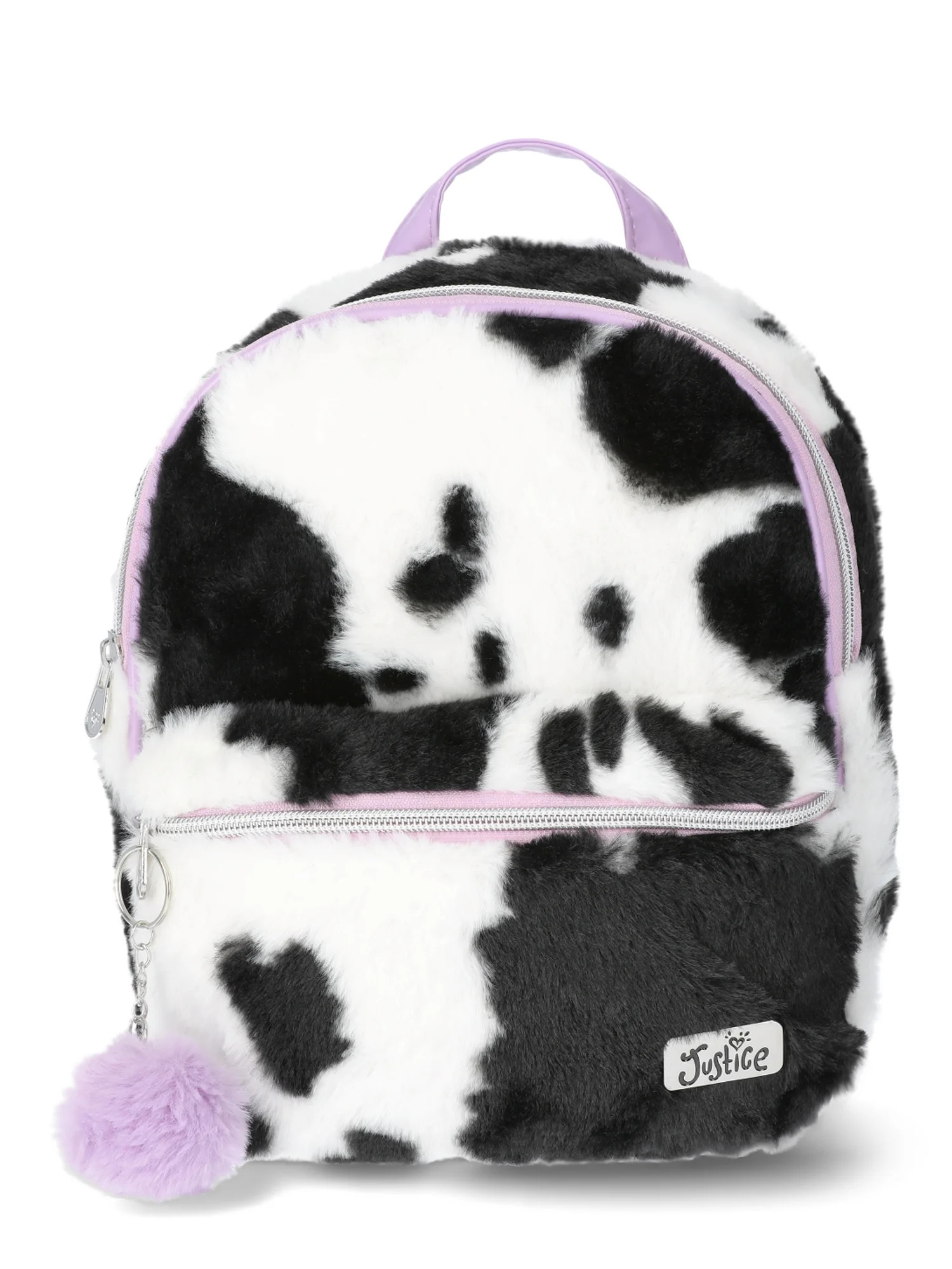 Justice Girls Cow Print Faux Fur Mini Backpack, Black | Walmart (US)