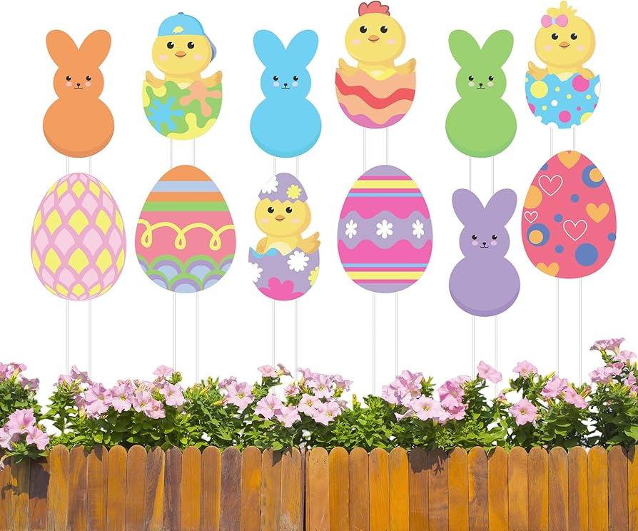 Iceyyyy 12 Pcs Easter Egg Planter Stakes-11 Inch Bunny Egg Chick Planter Stakes-Easter Yard Stake... | Amazon (US)