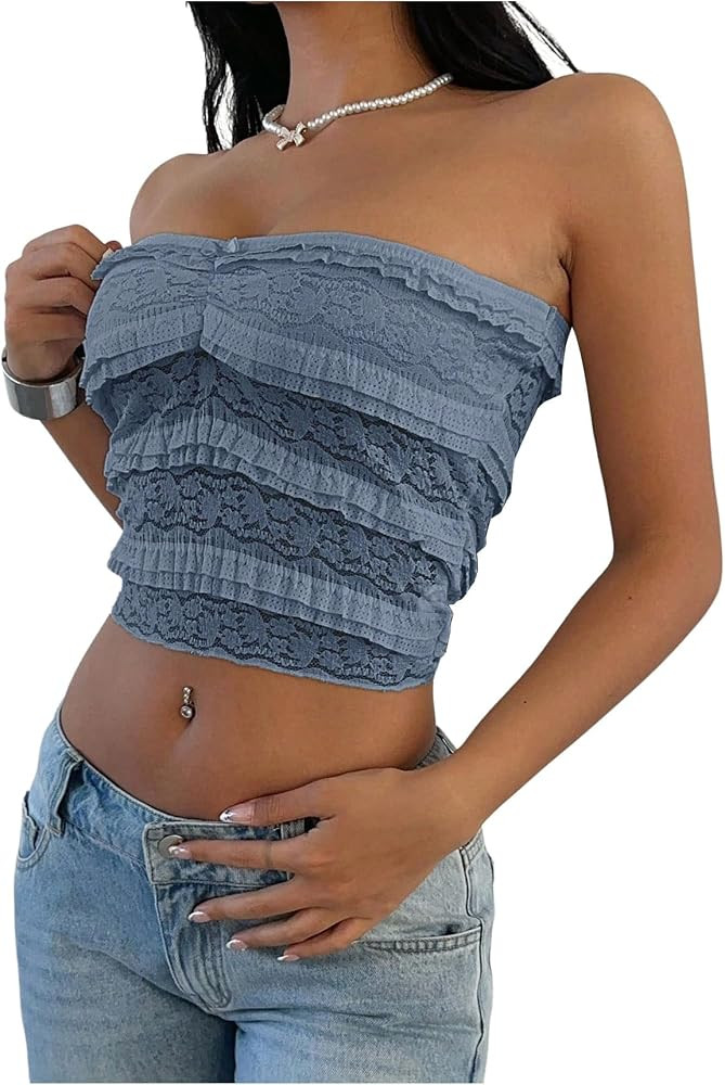 MakeMeChic Women's Y2k Lace Tube Top Going Out Strapless Ruffle Tiered Bandeau Crop Tops | Amazon (US)