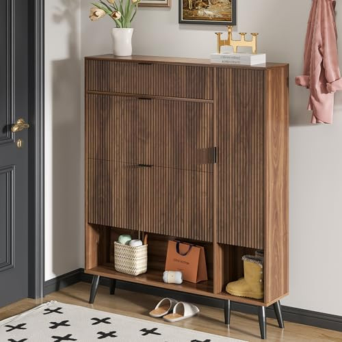 Shoe Storage Cabinet with 2 Flip Drawers Narrow Shoe Cabinet with Doors Freestanding Shoe Organiz... | Amazon (US)