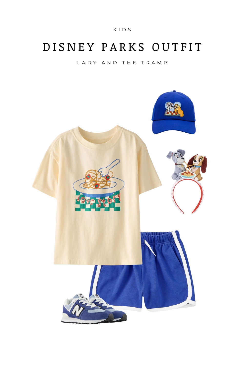  

Adorable kids Disney parks outfit inspired by Lady and the Tramp. Featuring a spaghetti “love story” graphic tee, blue athletic shorts, New Balance sneakers, and matching accessories including a character hat and headband. Perfect for Disneyland or Walt Disney World park days, summer outfits, and comfortable walking looks for kids.

 

#LTKTravel #LTKKids #LTKootd