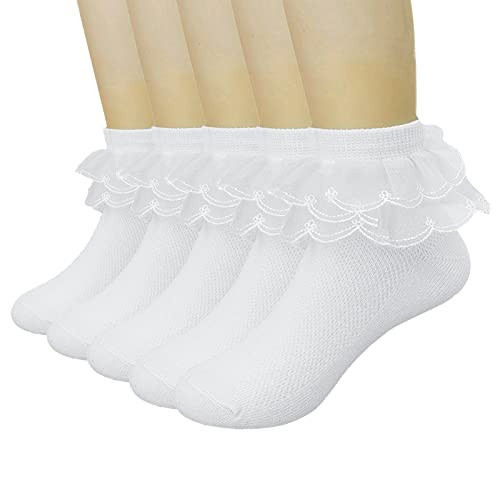 Looching 5 Pairs Toddler Baby Girls Ruffle Lace Sock Mesh Cotton White Frilly Tutu Ankle Sock Baby Kids Dress Sock for Church Pageant | Amazon (US)