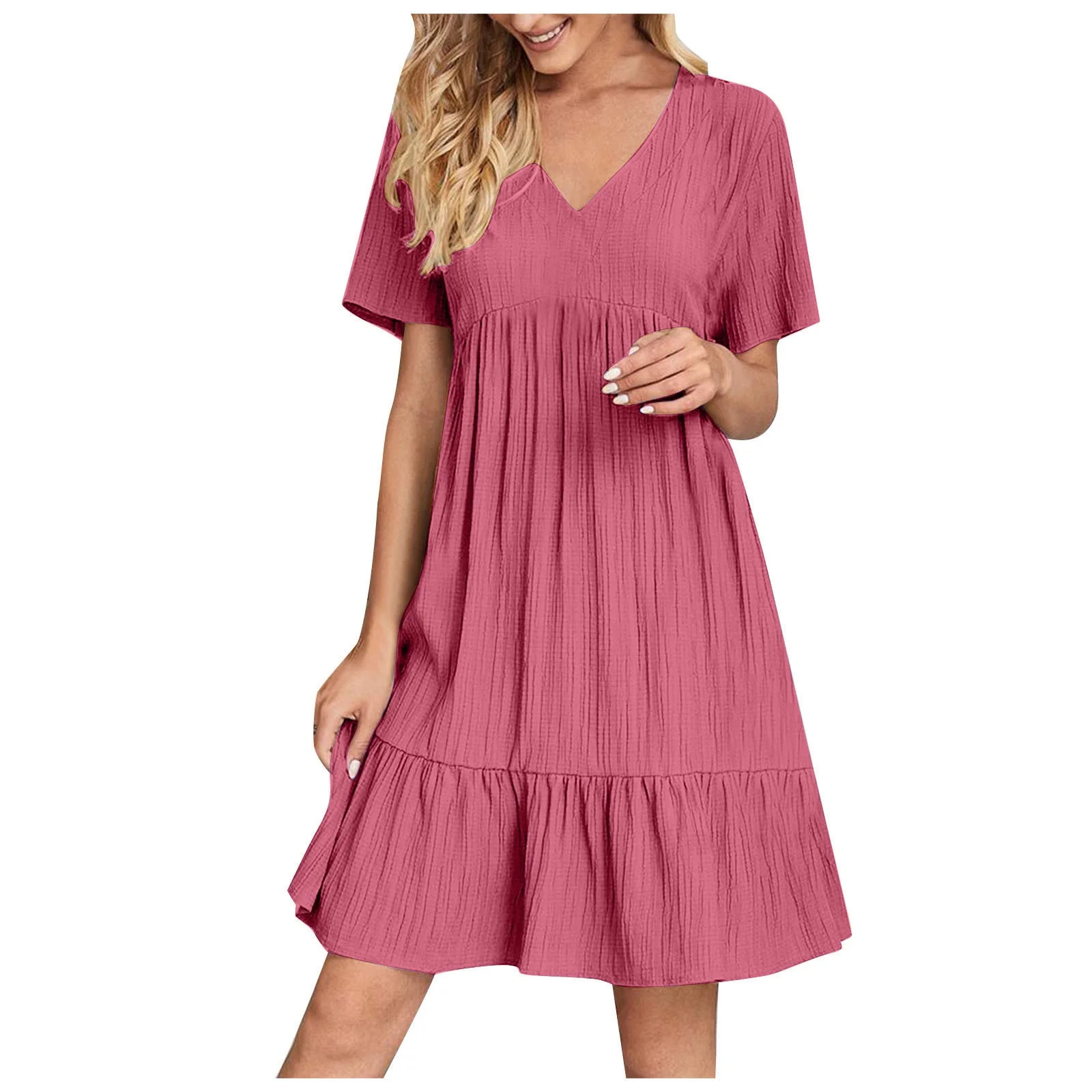 Busydd Womens Dresses Solid Color V Neck Sundresses for Women Trendy Flowy Short Sleeve Spring Su... | Walmart (US)