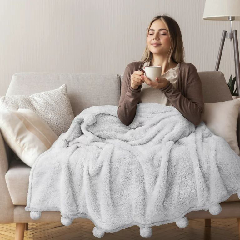 PAVILIA White Sherpa Throw Blanket with Soft Pom Pom Fringe, Plush Cozy Warm Blankets for Couch B... | Walmart (US)