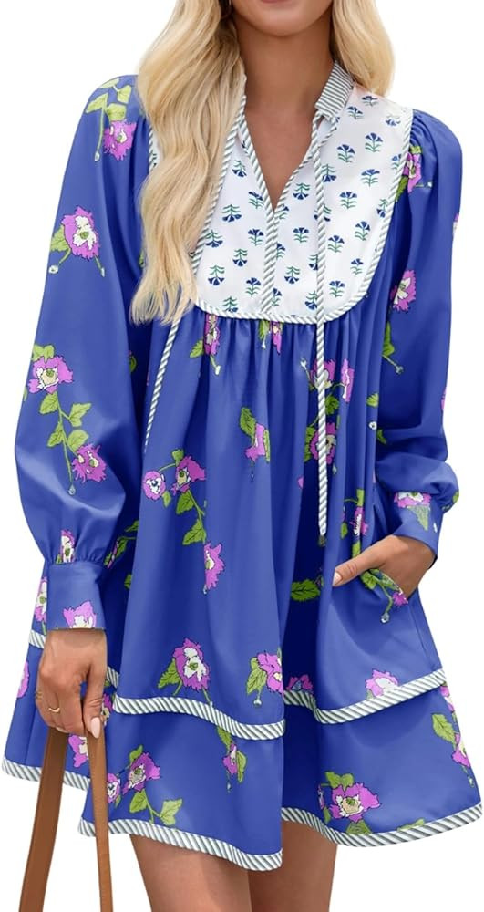 Wenrine Womens Casual Floral Mini Dress 2025 Fall Long Sleeve V Neck Patchwork Loose Boho Shirt D... | Amazon (US)
