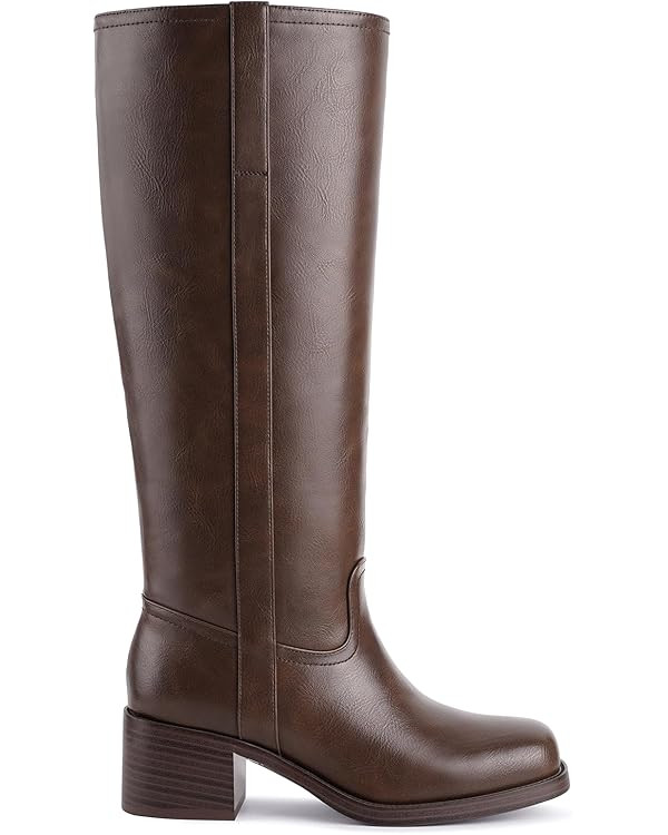 Women's Banana Knee High Boots Square Toe Chunky Block Heel Comfortable Low Heel Pull on Wide Cal... | Amazon (US)