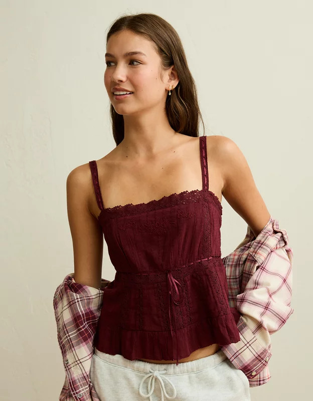 AE Lace-Trim Cami Women's Burgundy XS | American Eagle Outfitters (US & CA)