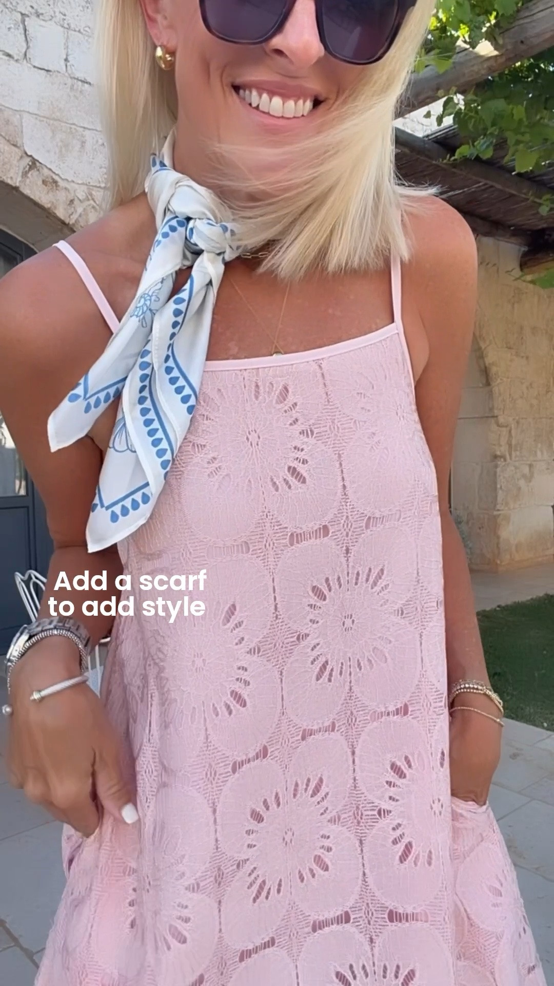 This is my favorite way to tie my scarves. 
Twist 2-3 times before next step 
Dress - love the texture, comes in several colors 
Wearing small  is lined , has pockets