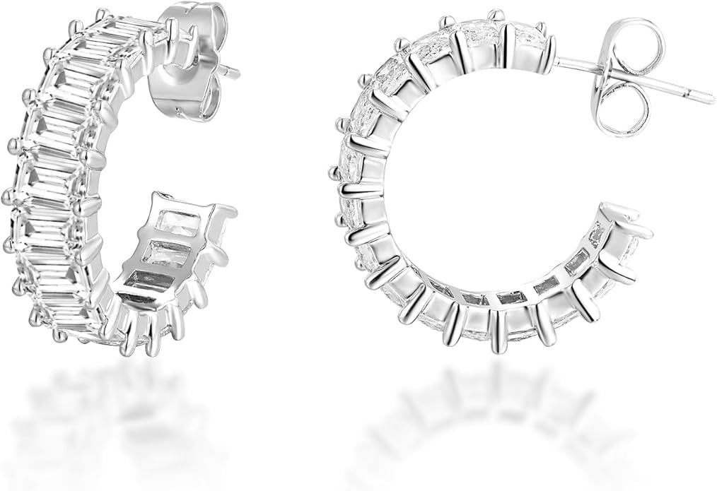 18K White/Yellow Gold Plated 925 Sterling Silver Post Cubic Zirconia Hoop Earrings For Women | Amazon (US)