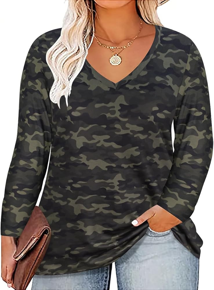 CARCOS Womens Plus Size Tops Long Sleeve Shirts V Neck Tunic Floral Blouses XL-5X | Amazon (US)