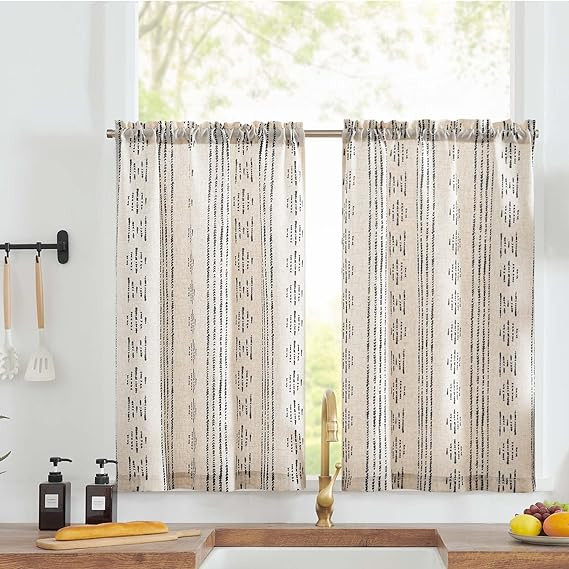 jinchan Boho Kitchen Curtains Linen Tier Curtains 24 Inch Bohemian Cafe Curtains Striped Curtains... | Amazon (US)