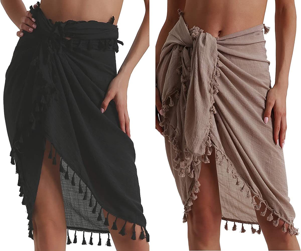 Beach Sarong Pareo Womens Semi-Sheer Swimwear Cover Ups Short Skirt with Tassels | Amazon (US)