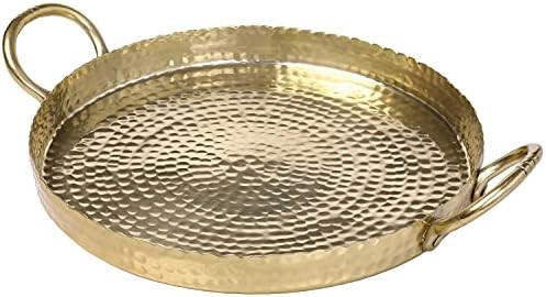 MyGift 12-inch Brass Metal Round Decorative Tray with Handcrafted Hammered Design, Large Centerpi... | Amazon (US)