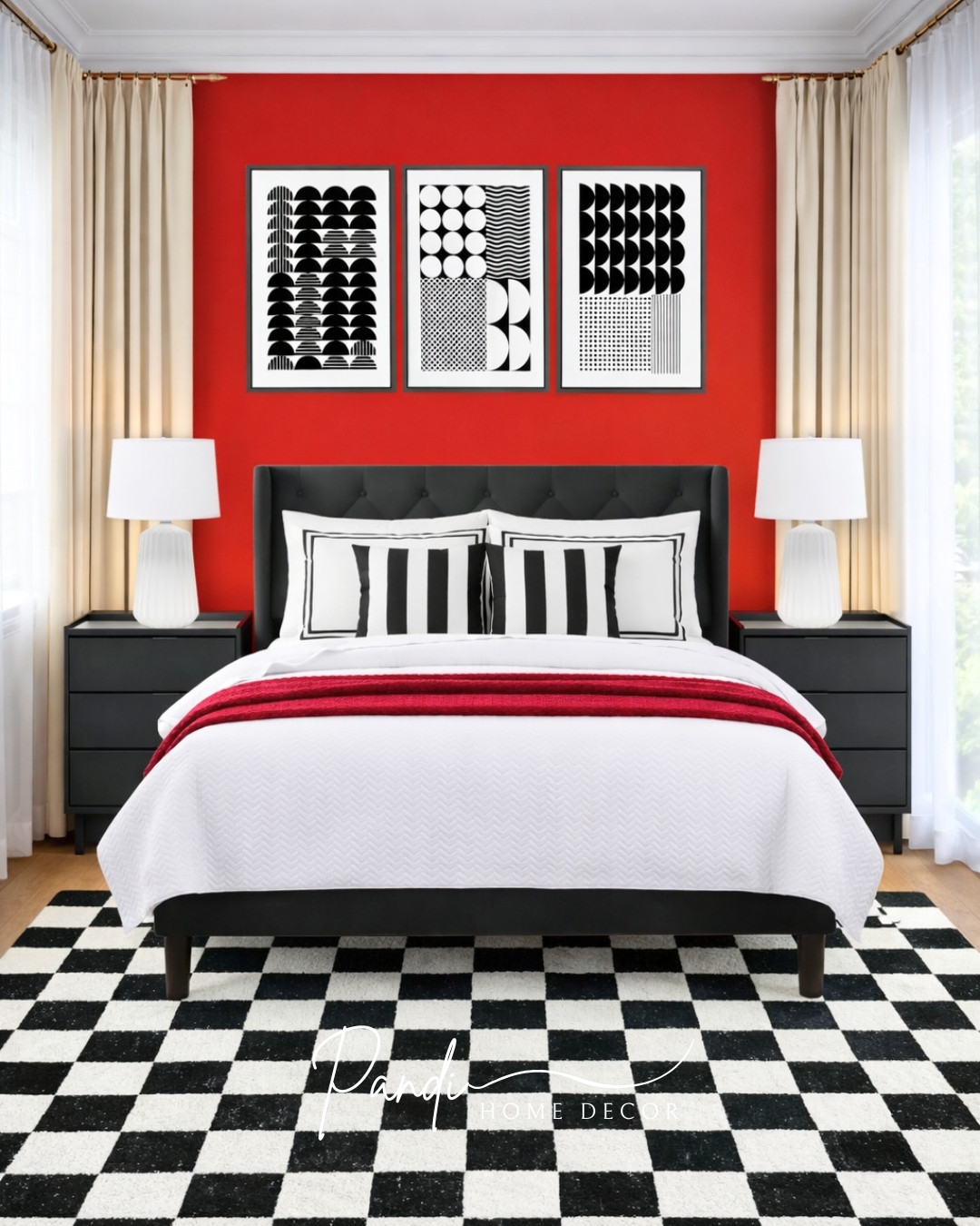 Bold red accent wall, black tufted wingback headboard, modern black nightstands, white textured quilt, deep red throw blanket, black and white striped pillows, monochrome geometric wall art, checkered area rug, white fluted table lamps, neutral cream curtains, contemporary bedroom design, bold red and black palette, minimalist chic, sophisticated urban style, high-contrast interior. 

 #LTKHome
