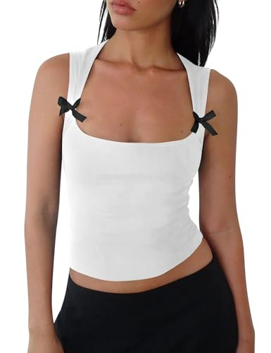 Cioatin Women Cute Y2K Bow Strappy Crop Tank Tops Sleeveless Scoop Neck Cami Shirt Aesthetic Coquette Girls Going Out White | Amazon (US)