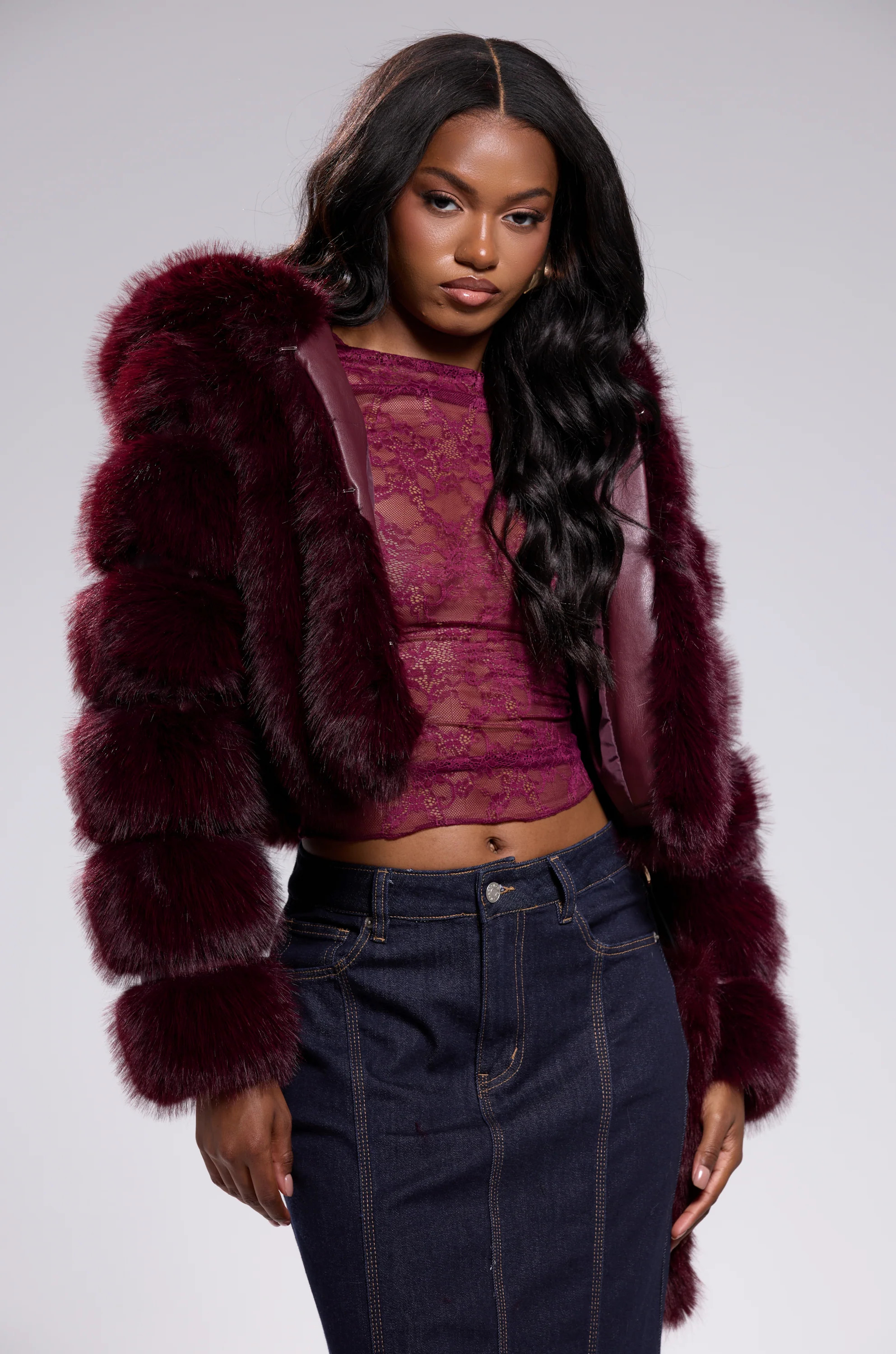 JOLENE FAUX FUR COAT IN BURGUNDY | AKIRA