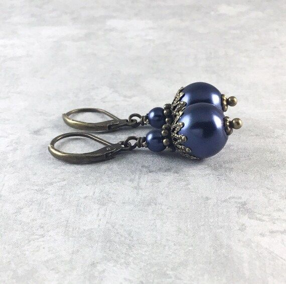 Victorian Navy Blue Pearl Earrings With Antiqued Brass. | Etsy | Etsy (US)
