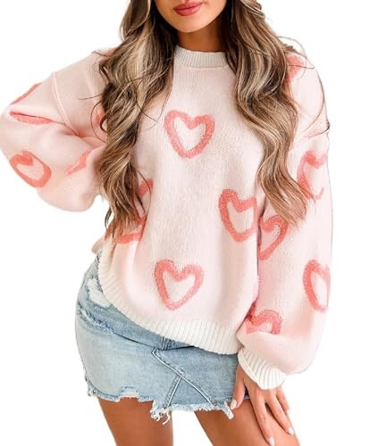KMBANGI Women Heart Print Sweater Romantic Oversized Knitted Shirt Valentine Day Love Graphic Long Sleeve Pullover Top(Coral Red,M) | Amazon (US)
