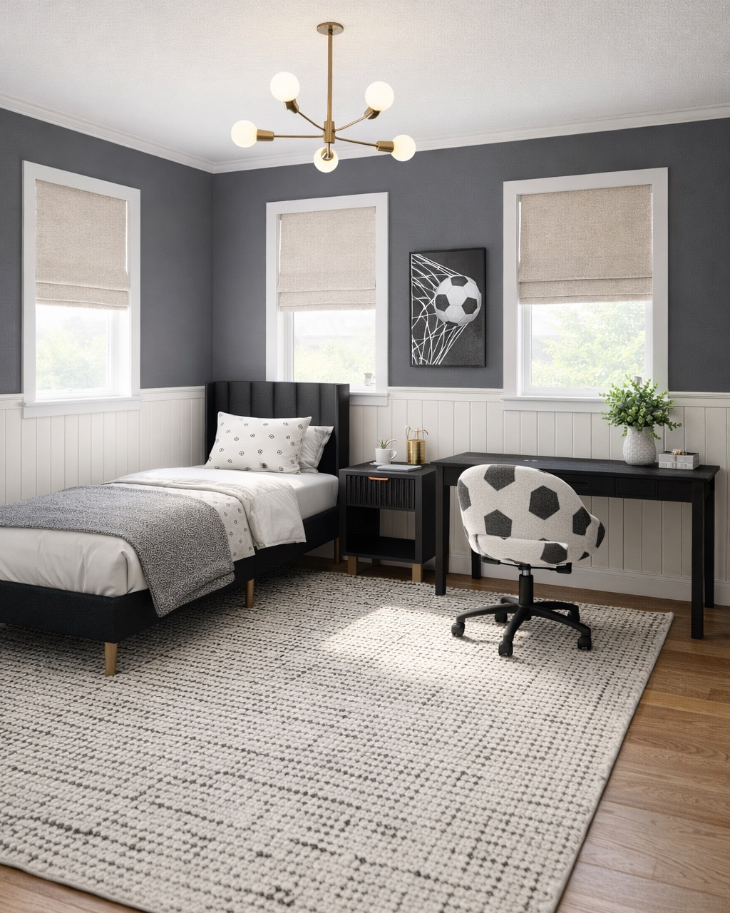 Soccer-inspired teen room! I love the furniture from @Pottery Barn and @Wayfair! Black desk and nightstand, beautiful art and desk chair, affordable rug. #homedecor #boysroom

#LTKmomlife #LTKHome #LTKSeasonal