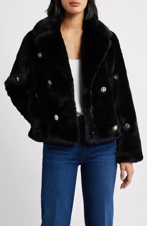 CeCe Embellished Faux Fur Coat in Black at Nordstrom, Size Large | Nordstrom