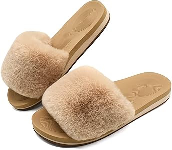 COFACE Womens Slides Fuzzy Slippers Open Toe Fluff Slippers With Arch Support Plantar Fasciitis O... | Amazon (US)