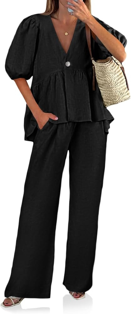 Tankaneo Womens 2 Piece Linen Sets Summer Vacation Outfits V Neck Puff Sleeve Babydoll Tops Wide ... | Amazon (US)