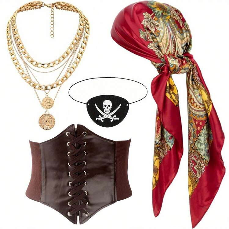 4-Piece Pirate Costume Accessories: Headscarf, Belt, Necklace, Hat, Eye Mask, Essential For Women's Pirate Costume Party Masquerade, Party Costume Cos Suit, Halloween Costume Prop Combination | SHEIN