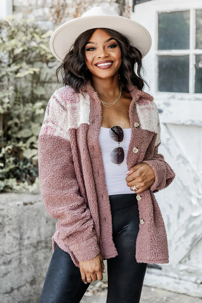 Been A Long Time Mauve Sherpa Plaid Shacket | Pink Lily