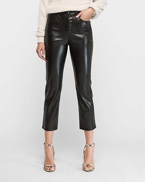 super high waisted vegan leather button fly straight cropped pant | Express