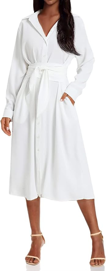 MANAIXUAN Women's Casual Flowy Tie Waist Button Down Long Sleeve Midi Shirt Dress | Amazon (US)