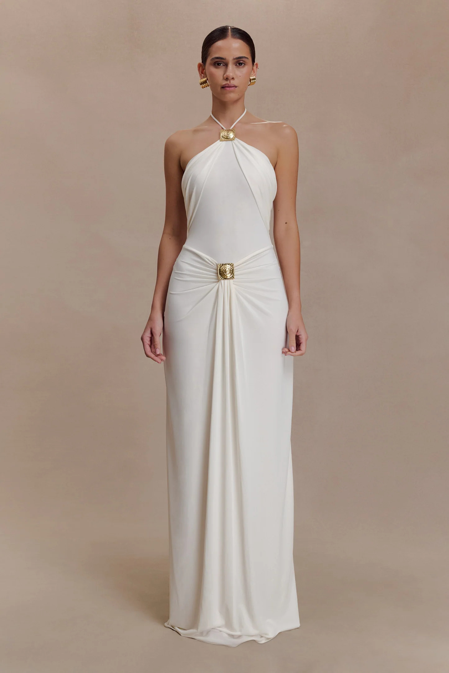 Quincy Halter Maxi Dress With Hardware - Ivory | Meshki UK