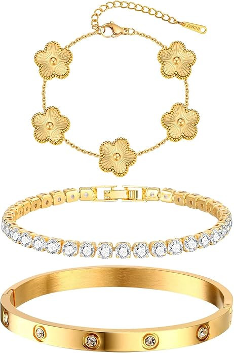 Womens Stackable Floral Gold Bracelets - 3Pcs 18K Gold Plated Bracelet,Stainless Steel Bangle Bra... | Amazon (US)