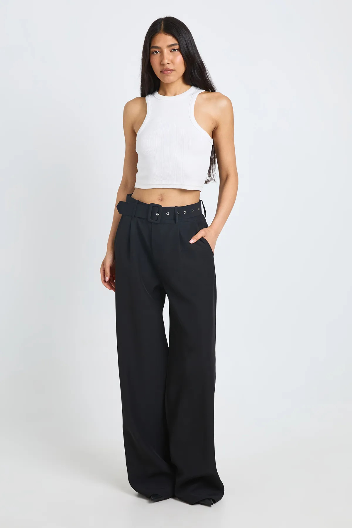 Black Tall Self Fabric Belted Wide Leg Trouser | Boohoo USA | boohoo (US & Canada)