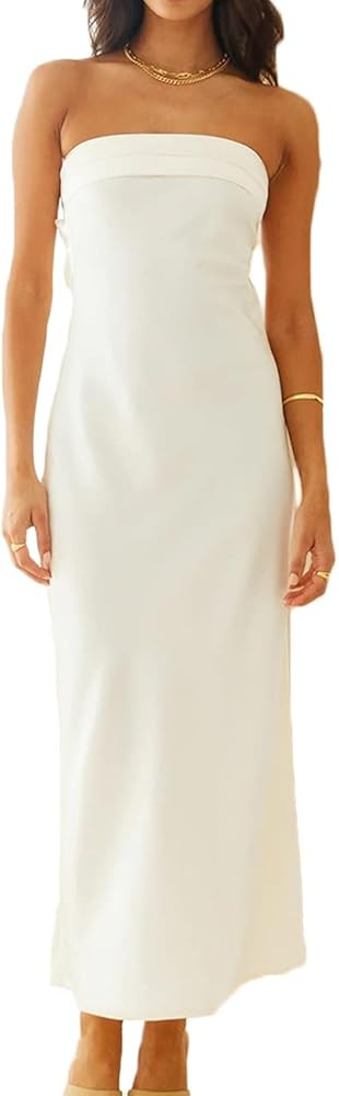 Satin Silk Backless Tube Tops Maxi Dress for Women Low Back Hollow Out Elegant Strapless Long Dre... | Amazon (US)