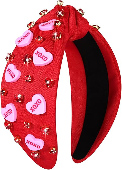 Valentine's Day Heart Headbands for Women - Jeweled Beaded Knotted Headband Pink Red Rhinestone W... | Amazon (US)