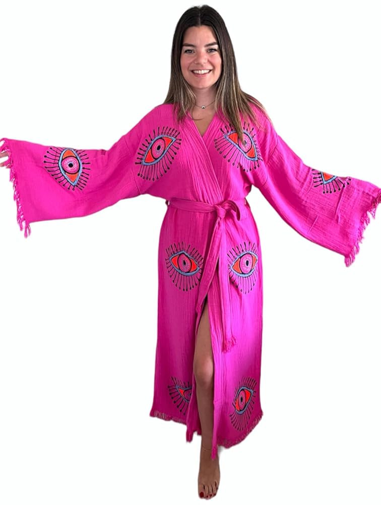 Handmade Evil Eye Kimono - Fuchsia Festival Women Clothing - Bohemian Robe - Boho Cotton Cardigan... | Amazon (US)