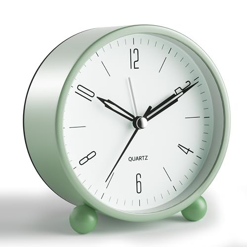 Analog Alarm Clock, 4 inch Super Silent Non Ticking Small Clock with Night Light, Battery Operated, Simple Design, Old Fashioned Style Ideal Decor, for Bedroom, Bedside, Desk, Adult, Kid, Gift, Green | Amazon (US)